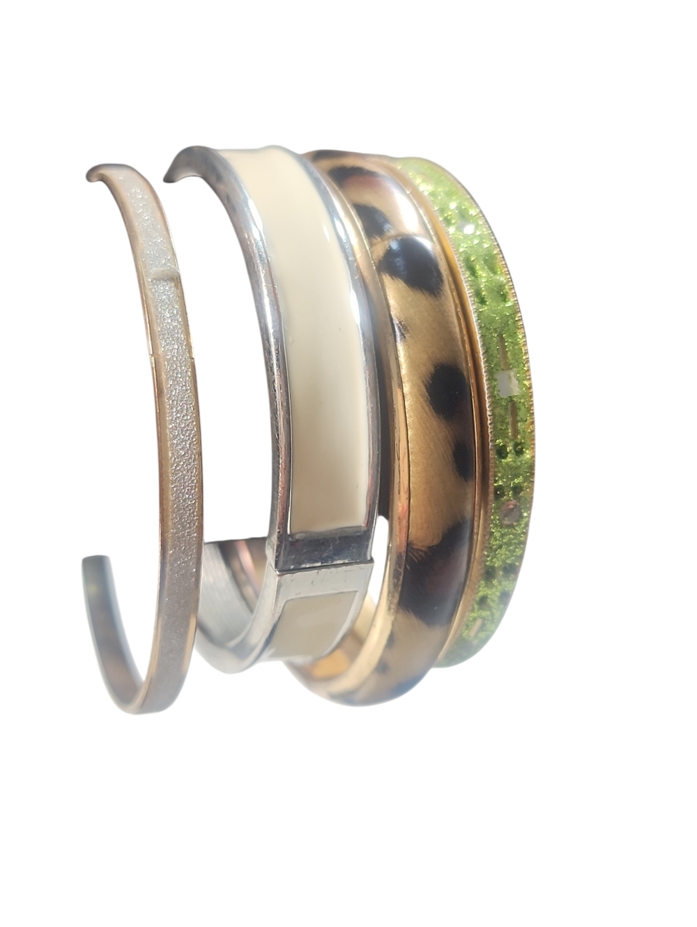 Bundle Of Four Mixed Metal and Green Glitter Bangle Set - Women Jewelry